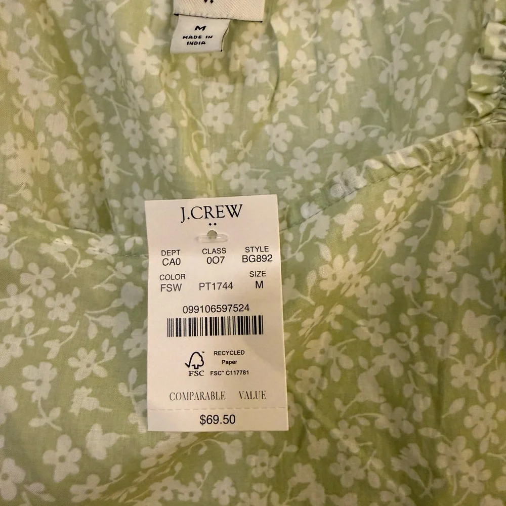 J Crew Sleeveless Ruffle Sleeve Blouse Green & White Floral M New w Tags $69.50